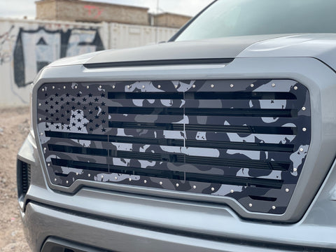 1 Piece Steel Grille for GMC Sierra 2019-2021 - Printed Subdued Camo STRAIGHT AMERICAN FLAG