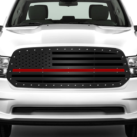 1 Piece Steel Grille for Dodge Ram 1500 2013-2018 - STRAIGHT AMERICAN FLAG w/ RED ACRYLIC UNDERLAY
