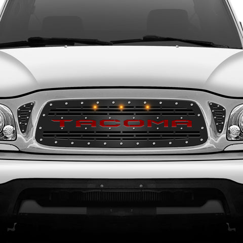 1 Piece Steel Grille for Toyota Tacoma 2001-2004 - TACOMA w/ RED ACRYLIC UNDERLAY + AMBER RAPTOR LIGHTS