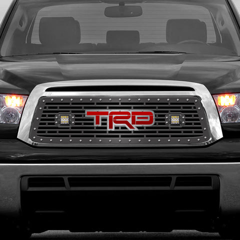 1 Piece Steel Grille for Toyota Tundra 2010-2013 - TRD w/ LED Light Pods + RED ACRYLIC UNDERLAY + SS Accent