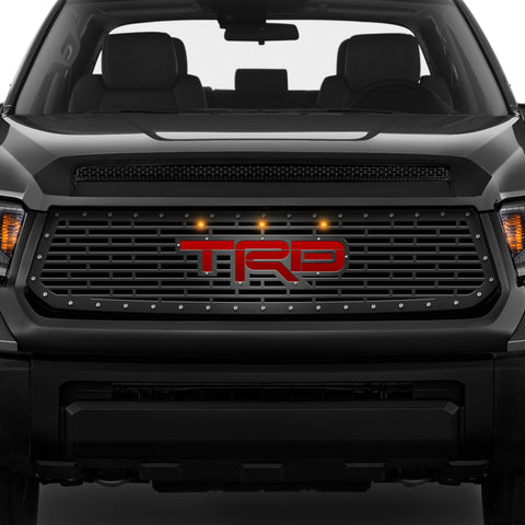 1 Piece Steel Grille for Toyota Tundra 2014-2017 - TRD w/ RED ACRYLIC UNDERLAY + 3 AMBER RAPTOR LIGHTS