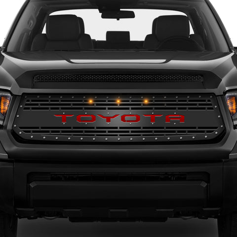 1 Piece Steel Grille for Toyota Tundra 2014-2017 - TOYOTA V3 w/ RED ACRYLIC UNDERLAY + 3 AMBER RAPTOR LIGHTS