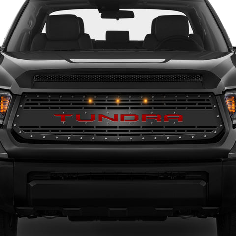 1 Piece Steel Grille for Toyota Tundra 2014-2017 - TUNDRA V2 w/ RED ACRYLIC UNDERLAY + 3 AMBER RAPTOR LIGHTS