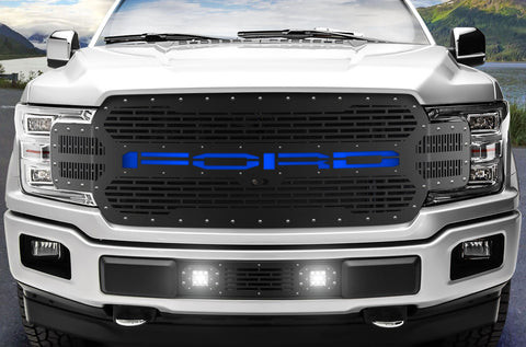 1 Piece Steel Grille for Ford F150 2018-2020 - FORD with BLUE ACRYLIC UNDERLAY