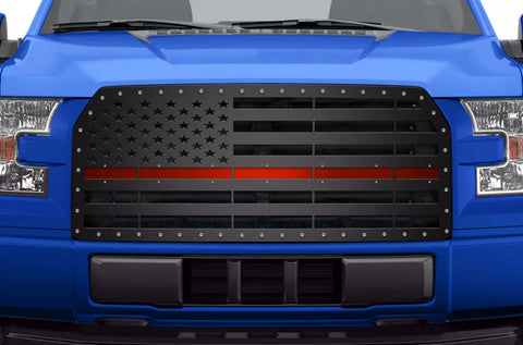 1 Piece Steel Grille for Ford F150 2015-2017 - AMERICAN FLAG with RED ACRYLIC UNDERLAY