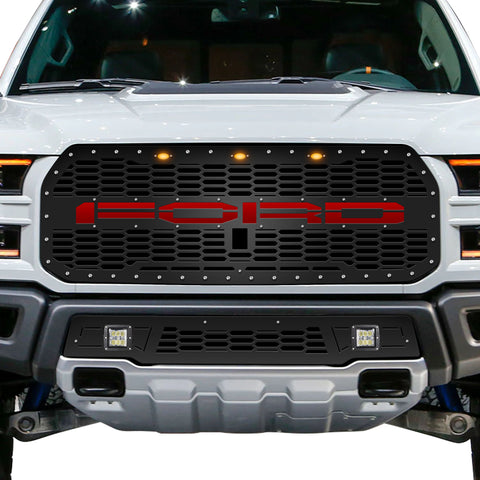 1 Piece Steel Grille for Ford Raptor SVT 2017-2020 - FORD w/ RED ACRYLIC UNDERLAY