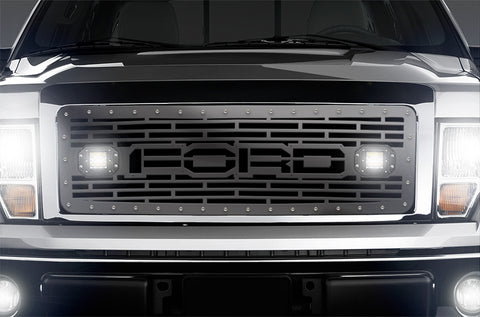 1 Piece Steel Grille for Ford F150 2009-2014 - FORD + LED Light Pods