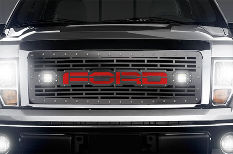1 Piece Steel Grille for Ford F150 2009-2014 - FORD + LED Light Pods + Red Acrylic