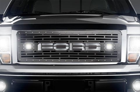 1 Piece Steel Grille for Ford F150 2009-2014 - FORD + LED Light Pods and Stainless Steel Underlay