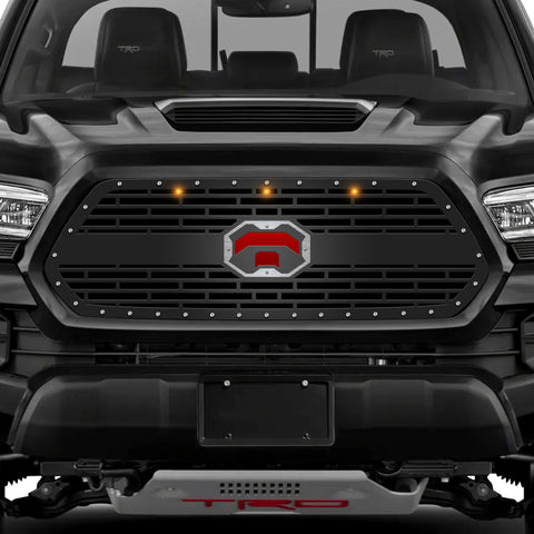 1 Pc Steel Grille for Toyota Tacoma 2016-2017 - TOYOTA EMBLEM w/ RED ACRYLIC UNDERLAY + SS Accent + 3 AMBER RAPTOR LIGHTS