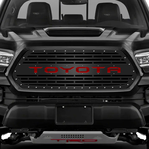 1 Piece Steel Grille for Toyota Tacoma 2016-2017 - TOYOTA V3 w/ RED ACRYLIC UNDERLAY