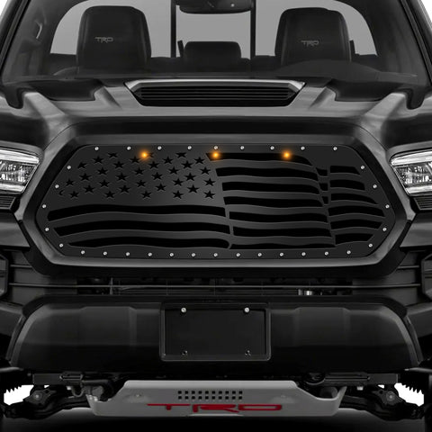 1 Piece Steel Grille for Toyota Tacoma 2016-2017 - WAVY AMERICAN FLAG w/ 3 AMBER RAPTOR LIGHTS