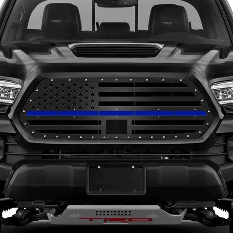 1 Piece Steel Pro Style Grille for Toyota Tacoma 2018-2023 - STRAIGHT AMERICAN FLAG w/ BLUE ACRYLIC UNDERLAY