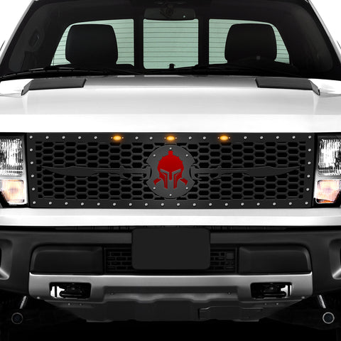 1 Piece Steel Grille for Ford Raptor SVT 2010-2014 - SPARTAN WITH RED ACRYLIC UNDERLAY