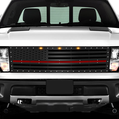 1 Piece Steel Grille for Ford Raptor SVT 2010-2014 - STRAIGHT AMERICAN FLAG w/ ACRYLIC UNDERLAY