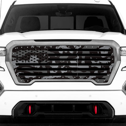 1 Piece Steel Grille for GMC Sierra 2019-2021 - Printed Subdued Camo STRAIGHT AMERICAN FLAG