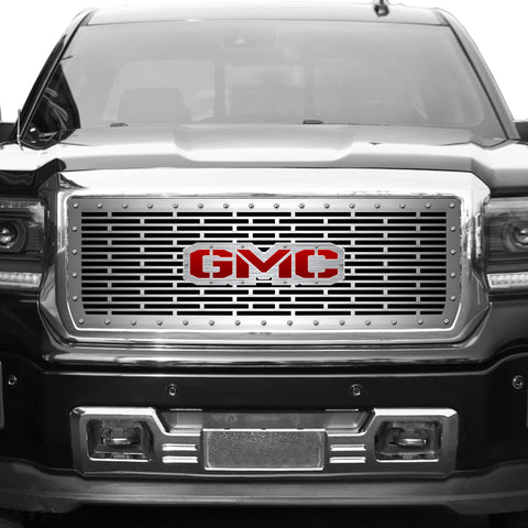 1 Piece Steel Grille for GMC Sierra & Sierra Denali 2014-2015 - GMC w/ RED ACRYLIC UNDERALY + SS Accent + STAINLESS STEEL FINISH