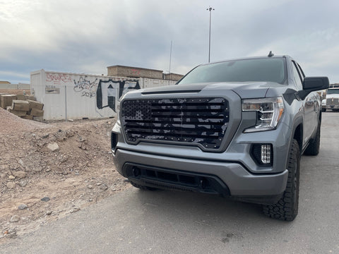 1 Piece Steel Grille for GMC Sierra 2019-2021 - Printed Subdued Camo STRAIGHT AMERICAN FLAG