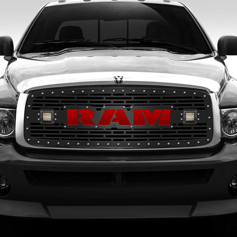 1 Piece Steel Grille for Dodge Ram 1500/2500/3500 2002-2005 - RAM w/ LED Light Pods + RED ACRYLIC UNDERLAY