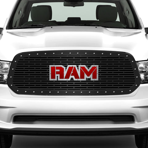 1 Piece Steel Grille for Dodge Ram 1500 2013-2018 - RAM w/ RED ACRYLIC UNDERLAY + SS Accent