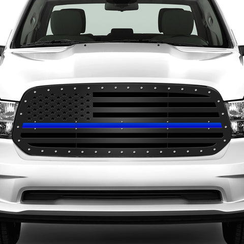 1 Piece Steel Grille for Dodge Ram 1500 2013-2018 - STRAIGHT AMERICAN FLAG w/ BLUE ACRYLIC UNDERLAY