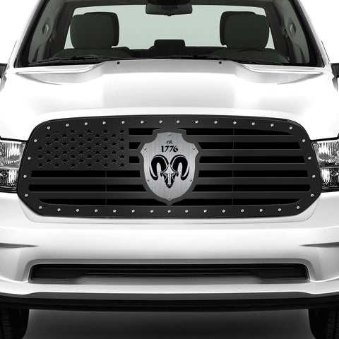 Steel Grille for Dodge Ram 1500 2013-2018 - STRAIGHT AMERICAN FLAG w/ BADGE OVERLAY