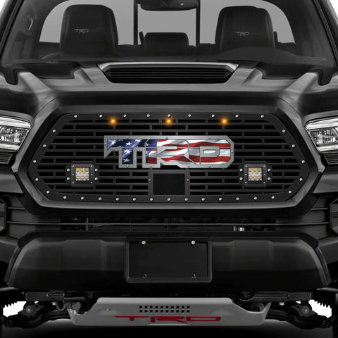 1 Piece Steel Pro Style Grille for Toyota Tacoma 2018-2022 - TRD w/ AMERICAN FLAG VINYL UNDERLAY + SS Accent + 3 AMBER RAPTOR LIGHTS + LED Light Pods