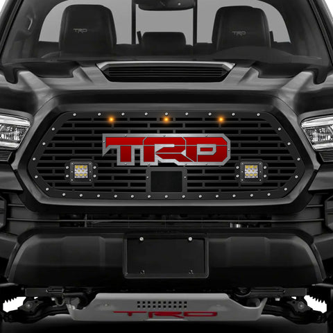 1 Piece Steel Pro Style Grille for Toyota Tacoma 2018-2022 - TRD w/ RED ACRYLIC UNDERLAY + SS Accent + 3 AMBER RAPTOR LIGHTS + LED Light Pods