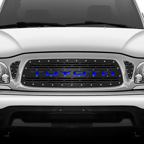 1 Piece Steel Grille for Toyota Tacoma 2001-2004 - TOYOTA V3 w/ BLUE ACRYLIC UNDERLAY