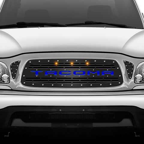 1 Piece Steel Grille for Toyota Tacoma 2001-2004 - TACOMA w/ BLUE ACRYLIC UNDERLAY + AMBER RAPTOR LIGHTS