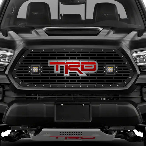 1 Piece Steel Grille for Toyota Tacoma 2016-2017 - TRD w/ RED ACRYLIC UNDERLAY + SS Accent + LED Light Pods