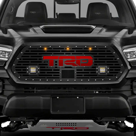 1 Piece Steel Pro Style Grille for Toyota Tacoma 2018-2022 - TRD w/ RED ACRYLIC UNDERLAY + 3 AMBER RAPTOR LIGHTS + 2 LED Light Pods