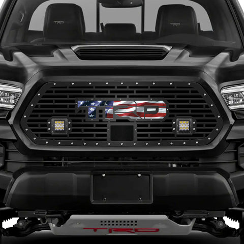 1 Piece Steel Pro Style Grille for Toyota Tacoma 2018-2022 - TRD w/ AMERICAN FLAG VINYL UNDERLAY + LED Light Pods