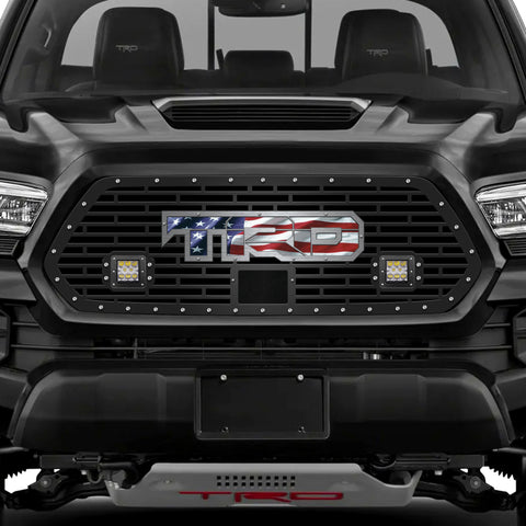 1 Piece Steel Pro Style Grille for Toyota Tacoma 2018-2022 - TRD w/ AMERICAN FLAG VINYL UNDERLAY + SS Accent + LED Light Pods