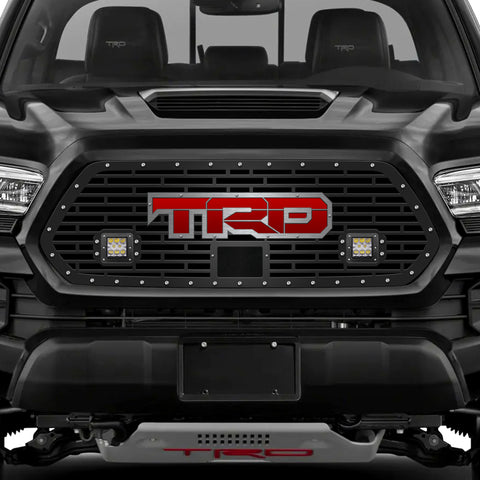 1 Piece Steel Pro Style Grille for Toyota Tacoma 2018-2022 - TRD w/ RED ACRYLIC UNDERLAY + SS Accent + LED Light Pods