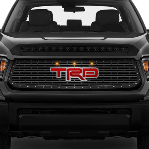 1 Piece Steel Grille for Toyota Tundra 2014-2017 - TRD w/ RED ACRYLIC UNDERLAY + SS Accent + 3 AMBER RAPTOR LIGHTS