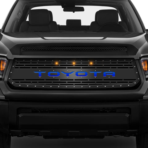 1 Piece Steel Grille for Toyota Tundra 2014-2017 - TOYOTA V3 w/ BLUE ACRYLIC UNDERLAY + 3 AMBER RAPTOR LIGHTS