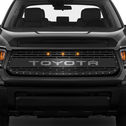 1 Piece Steel Grille for Toyota Tundra 2014-2017 - TOYOTA V3 w/ STAINLESS STEEL UNDERLAY + 3 AMBER RAPTOR LIGHTS