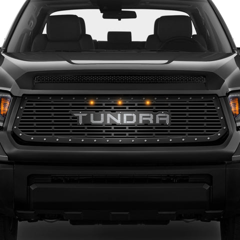 1 Piece Steel Grille for Toyota Tundra 2014-2017 - TUNDRA V1 w/ STAINLESS STEEL UNDERLAY + 3 AMBER RAPTOR LIGHTS