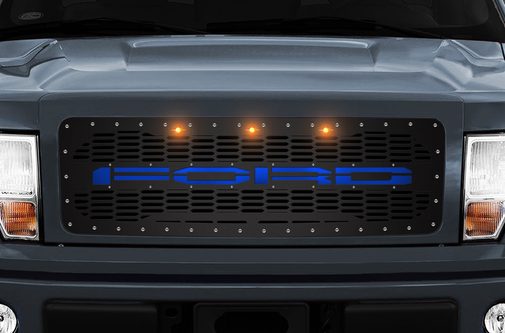 1 Piece Steel Grille for Ford F150 2009-2014 - BLUE UNDERLAY OVAL Background 3 LED AMBER LIGHTS