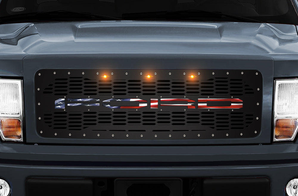 1 Piece Steel Grille for Ford F150 2009-2014 - USA Flag UNDERLAY OVAL Background 3 LED AMBER LIGHTS