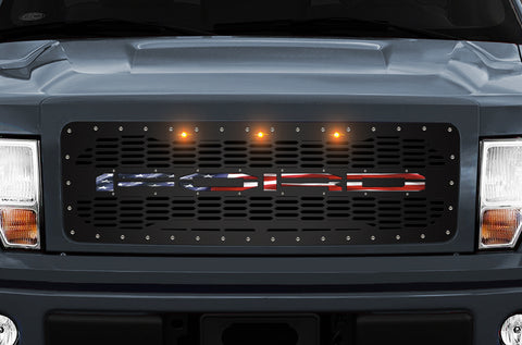 1 Piece Steel Grille for Ford F150 2009-2014 - USA Flag UNDERLAY OVAL Background 3 LED AMBER LIGHTS