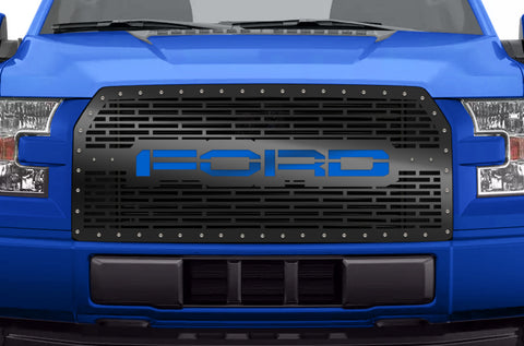 1 Piece Steel Grille for Ford F150 2015-2017 - FORD with BLUE ACRYLIC UNDERLAY