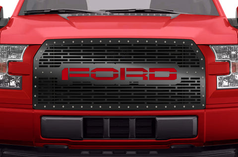 1 Piece Steel Grille for Ford F150 2015-2017 - FORD with RED ACRYLIC UNDERLAY