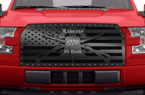 1 Piece Steel Grille for Ford F150 2015-2017 - LIBERTY OR DEATH with Stainless Steel Underlay