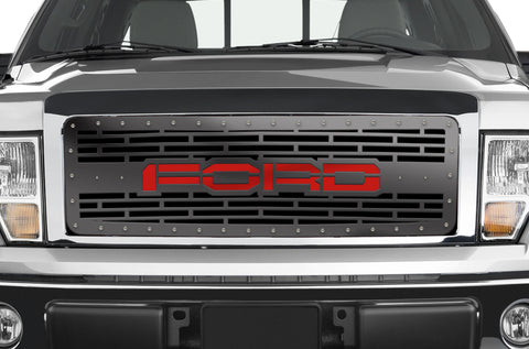 1 Piece Steel Grille for Ford F150 2009-2014 - FORD w/ RED ACRYLIC UNDERLAY