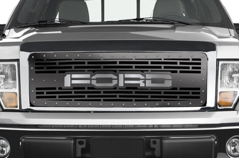1 Piece Steel Grille for Ford F150 2009-2014 - FORD with STAINLESS STEEL UNDERLAY