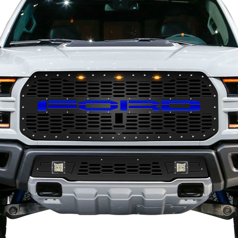1 Piece Steel Grille for Ford Raptor SVT 2017-2020 - FORD w/ BLUE ACRYLIC UNDERLAY