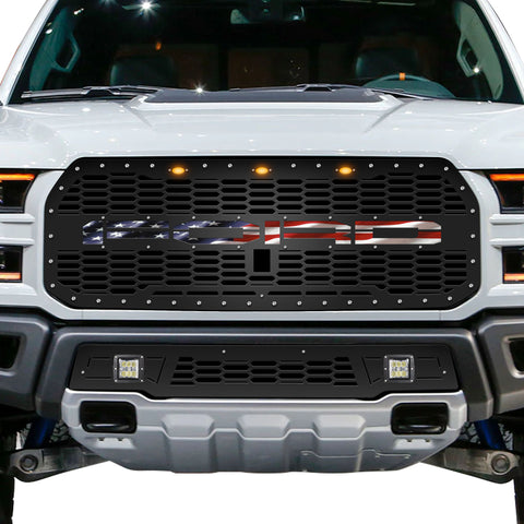 1 Piece Steel Grille for Ford Raptor SVT 2017-2020 - FORD w/ AMERICAN FLAG VINYL UNDERLAY