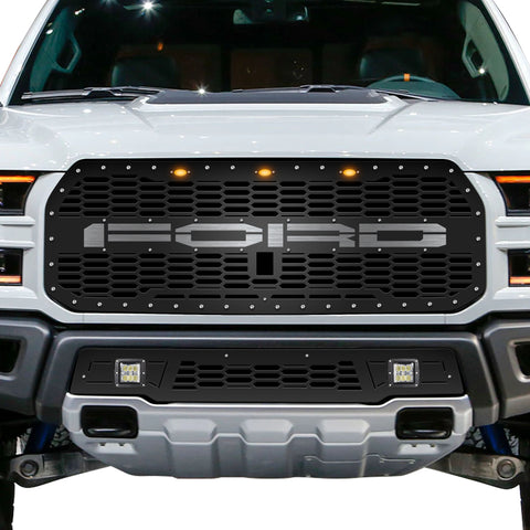 1 Piece Steel Grille for Ford Raptor SVT 2017-2020 - FORD w/ STAINLESS STEEL UNDERLAY